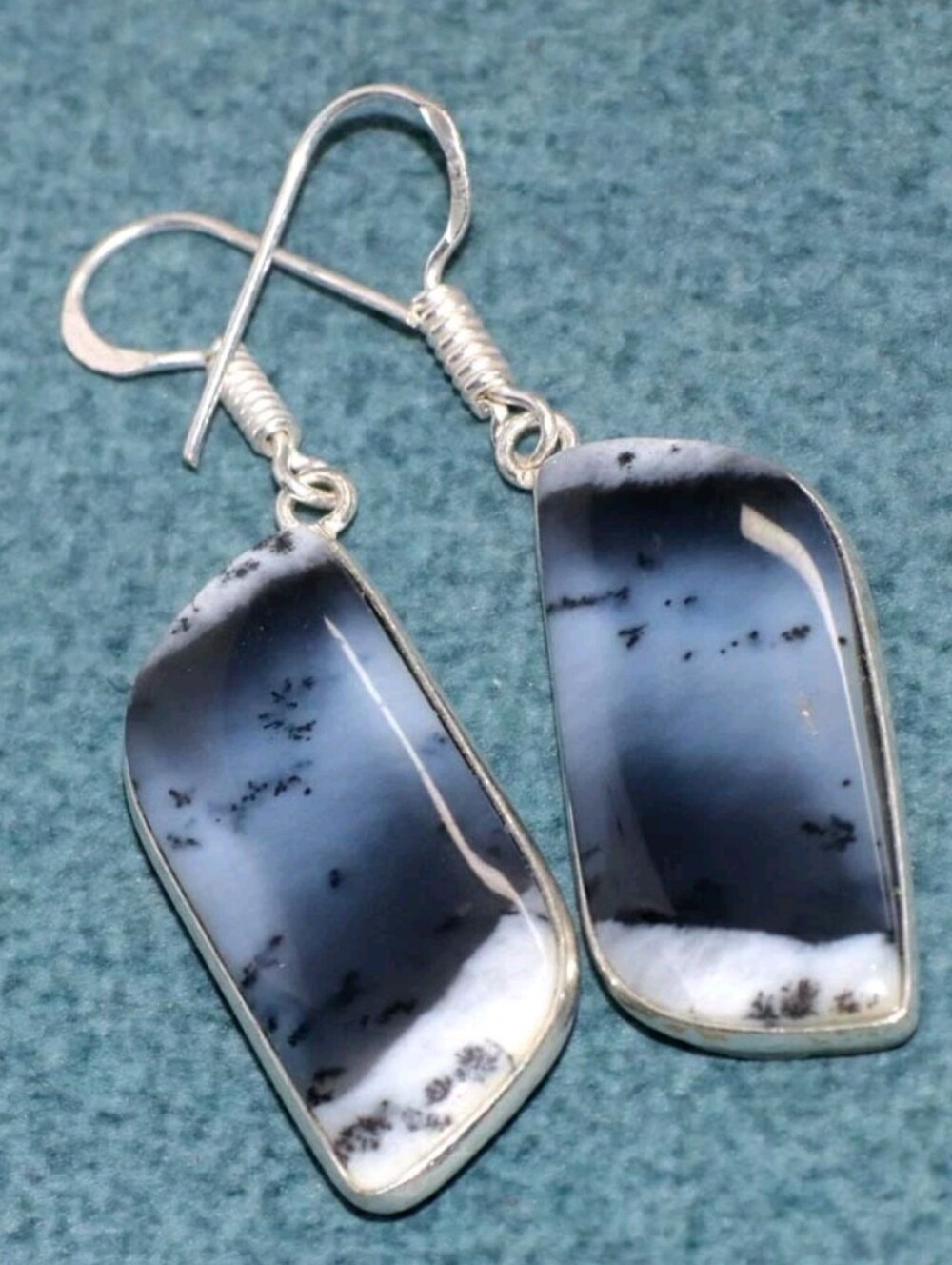 Marine Blue Dendritic Opal Gemstone 25 Sterling Silver Handmade Dangle Earrings